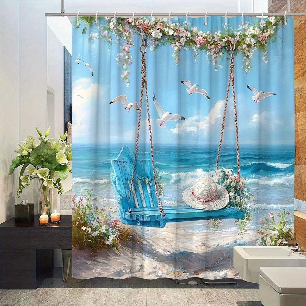 Beach Scenery Shower Curtain - Creative Sunshine, Hanging Chair & Seagull, Rich Flowers,Dreamy Bathroom Decor,Polyester,12 Hooks
