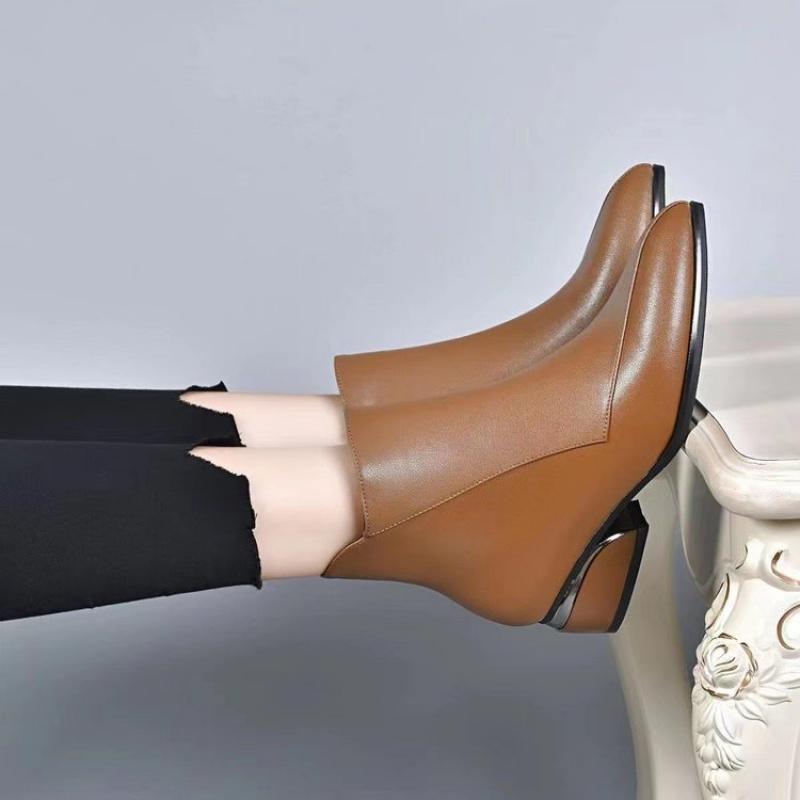 Winter New Women's French Style Ankle Boots - Pointed Toe Side Zip Low Heel Soft Leather Booties Retro Comfortable  Shoes