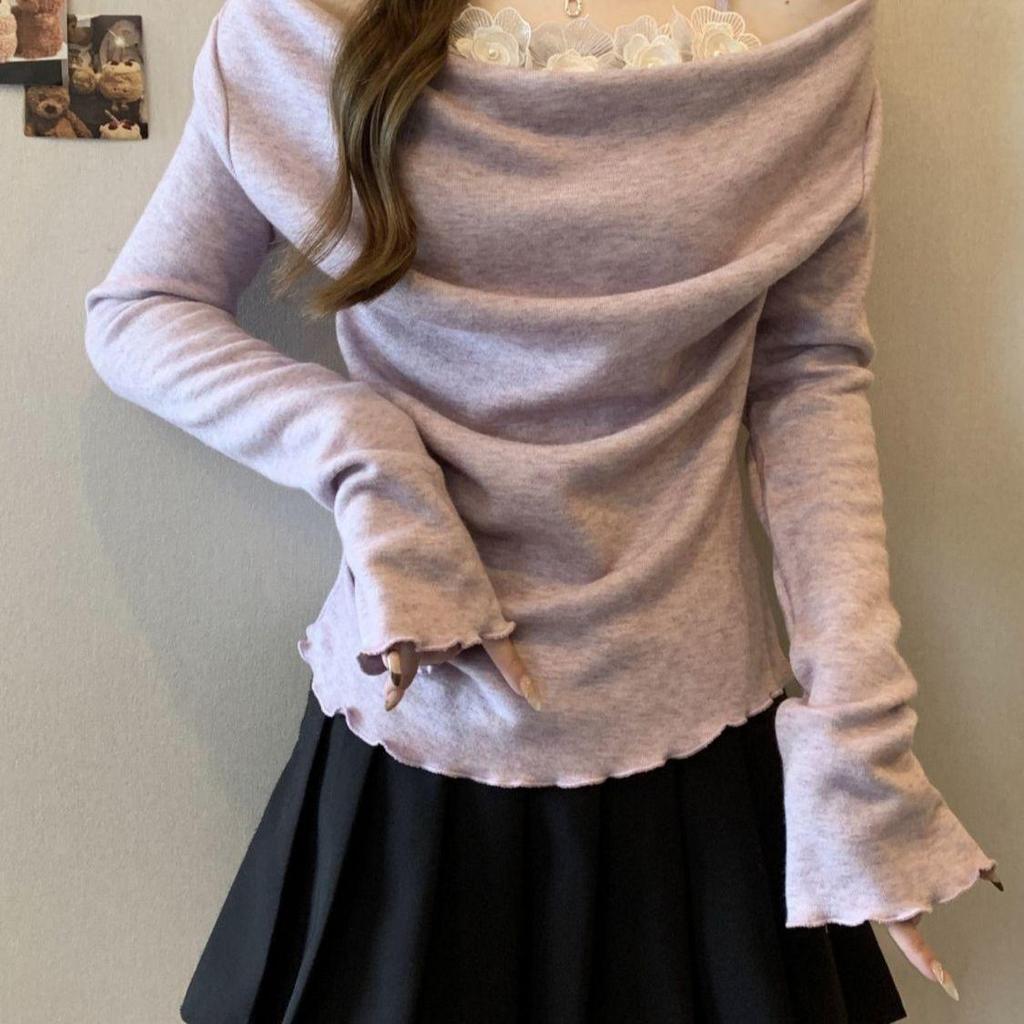 Plus Size Velvet Patchwork One-Shoulder Lace Long Sleeve T-shirt for Women - Slimming & Flaw-Hiding Spring/Autumn Base Layer