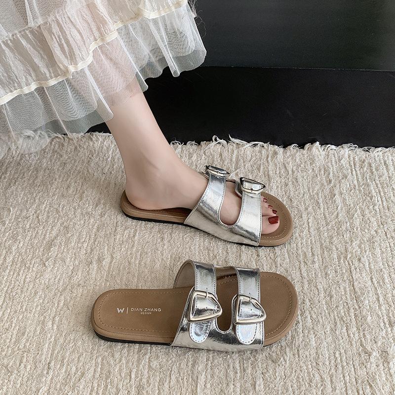 Romantic Vacation Style~! Seaside French Lazy Ins Summer Leather Cool Slippers Women's Breathable Soft Bottom One-word Slippers
