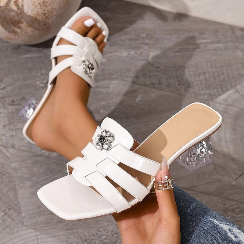 Fashion Wear Transparent and Flip-flops Summer New Square Head Open Toe Crystal Flower Hollow-out Non-slip High Heels