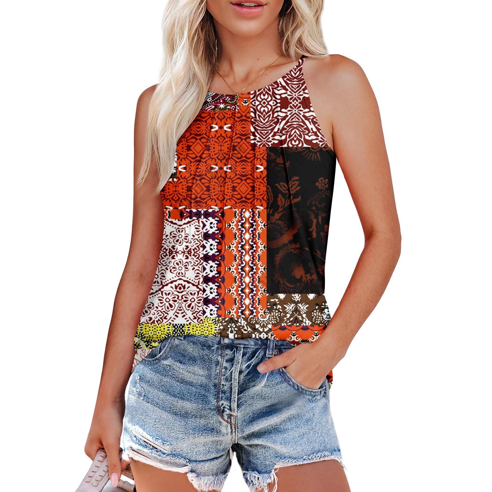 

Женские летние майки-топы с плиссировкой и принтом O-образного выреза, повседневные майки-топы для женщин, свободные рубашки без рукавов S