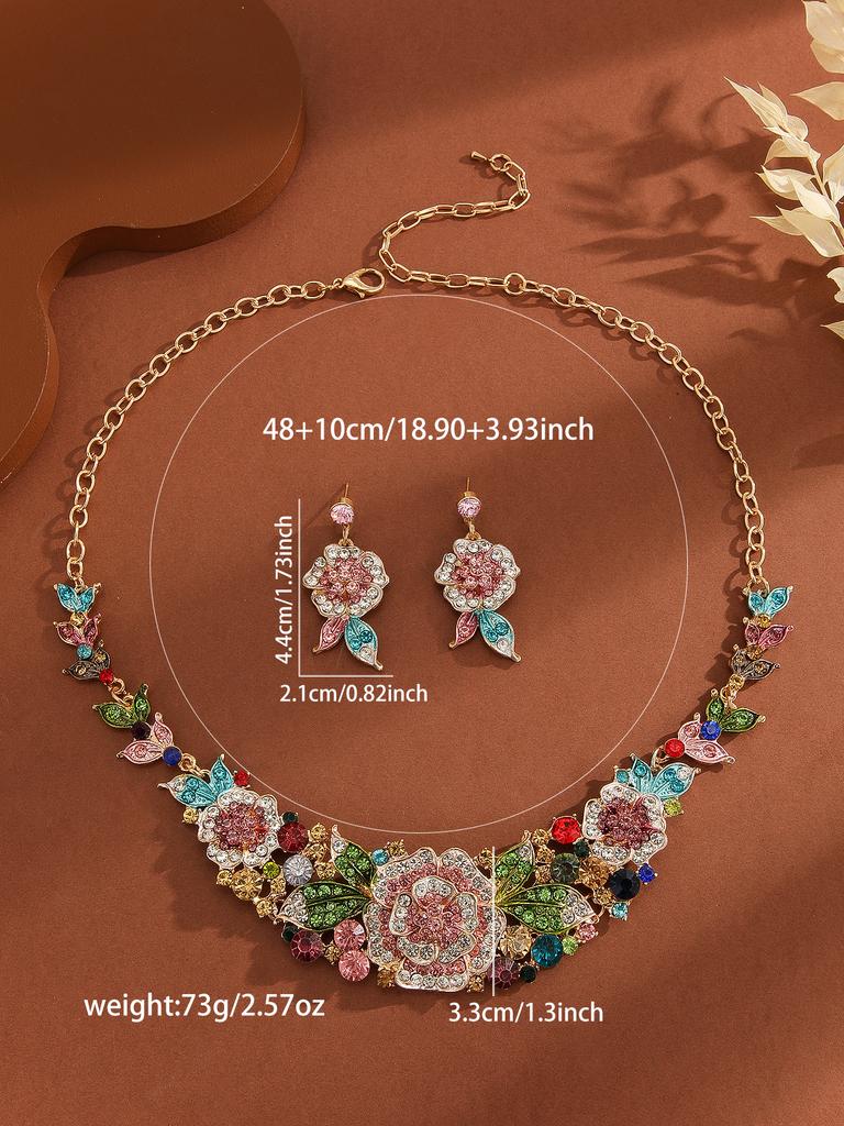 Mother’s Day Zircon Gift:Luxury 3Pcs Rhinestone Flower Set for Women,Elegant Necklace&Dangle Earrings for Party Wedding Banquet