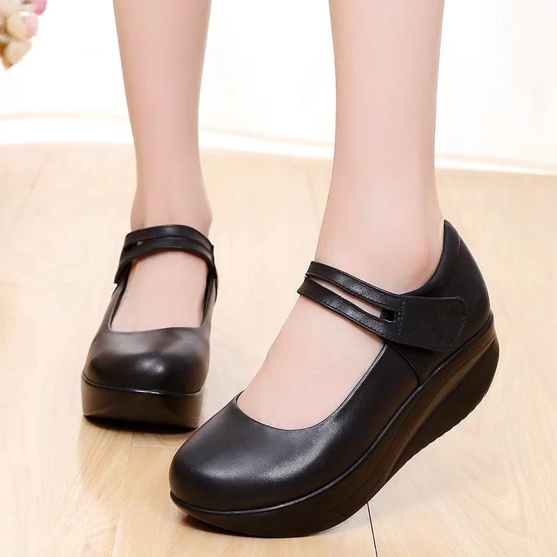 5.5cm Small Plus Size 33-43 Comfortable Leather Shoes Women Mary Janes 2025 Thick Bottom Platform Wedges Shoes Mom Office Dance