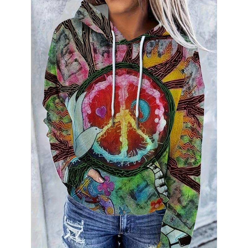 Dragonfly floral print hooded sweatshirt Print drawstring hoodie, casual long-sleeved shoulder-falling hoodie, women's clothing