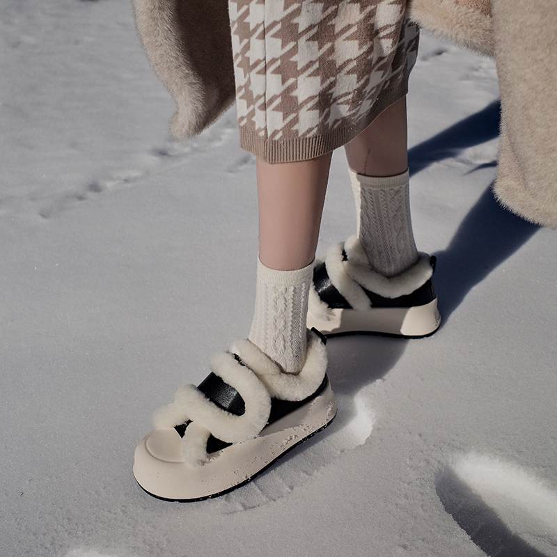 Cow Split Leather Keep Warm Winter White Sneakers Platform Women Artificial Wool Casual Shoes