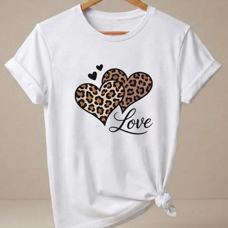 Valentines Day Leopard Heart Tshirt Unisex Casual Short Sleeve Round Neck T Shirt Fashion Printed Tshirt Unisex Clothing