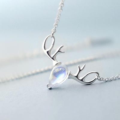 S925 Sterling Silver Elk Necklace Moonstone Pendant Clavicle Chain Simple Antler Design Necklace for Woman