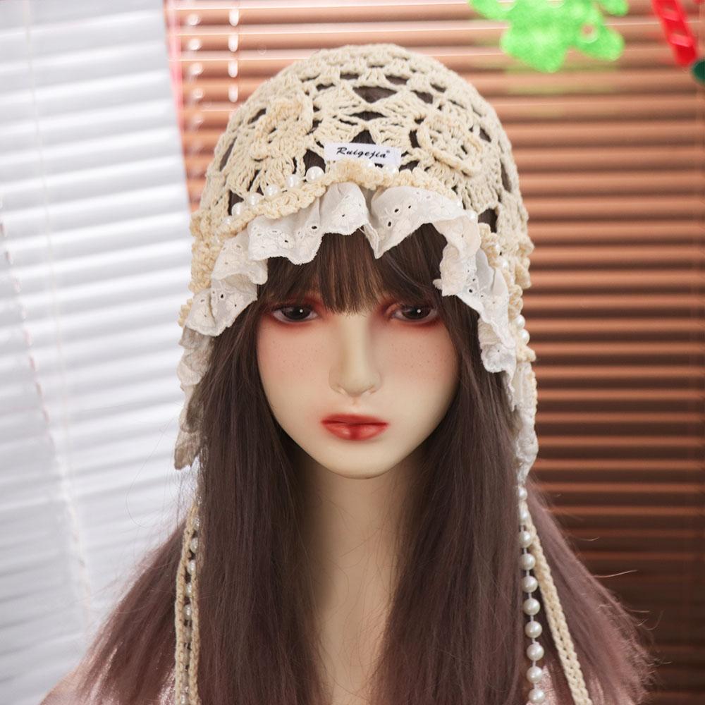 Pearl Tassels Lace Beanies Hollow Out Knit Cap Cute Crochet Flower Knitted Hat  Apparel Accessories