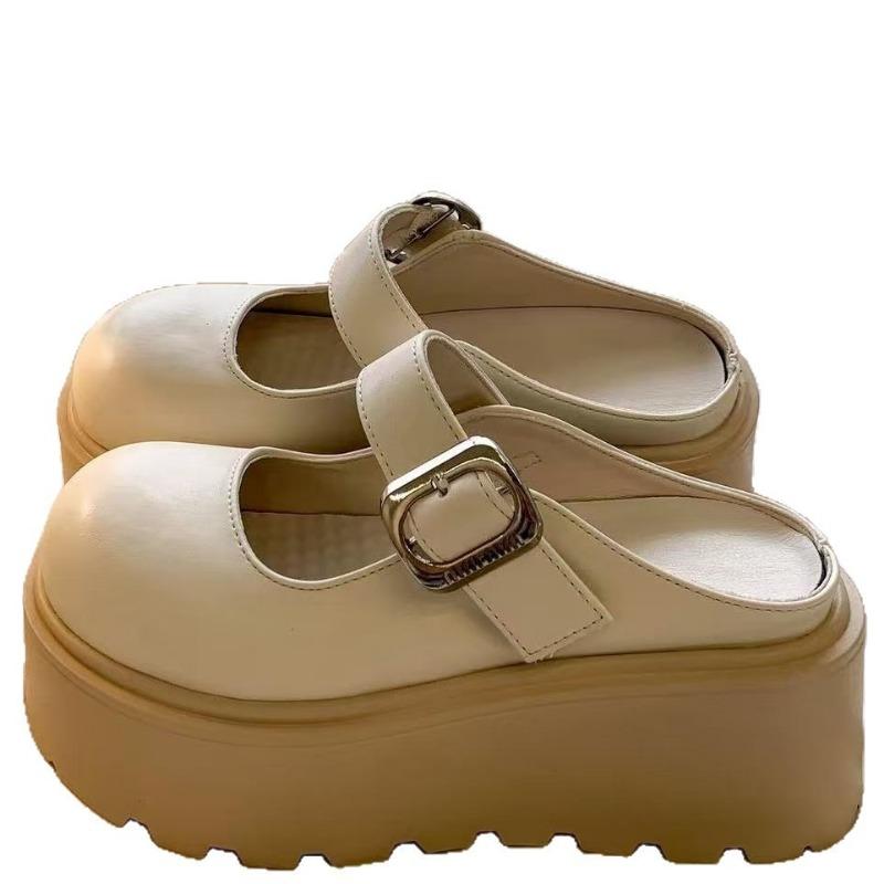 Academy style small leather shoes spring and summer new thick-soled heightening single shoes retro one-word buckle Mary Jane half slippers