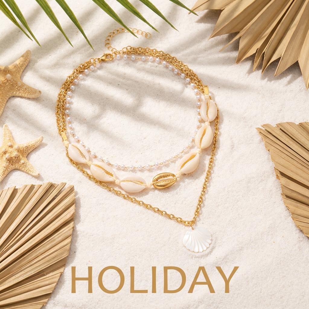 Bohemian Multi-layer Starfish Shell Pendant Necklace for Women Beach Imitation Pearl Metal Beads Choker Neck Chain Party Jewelry