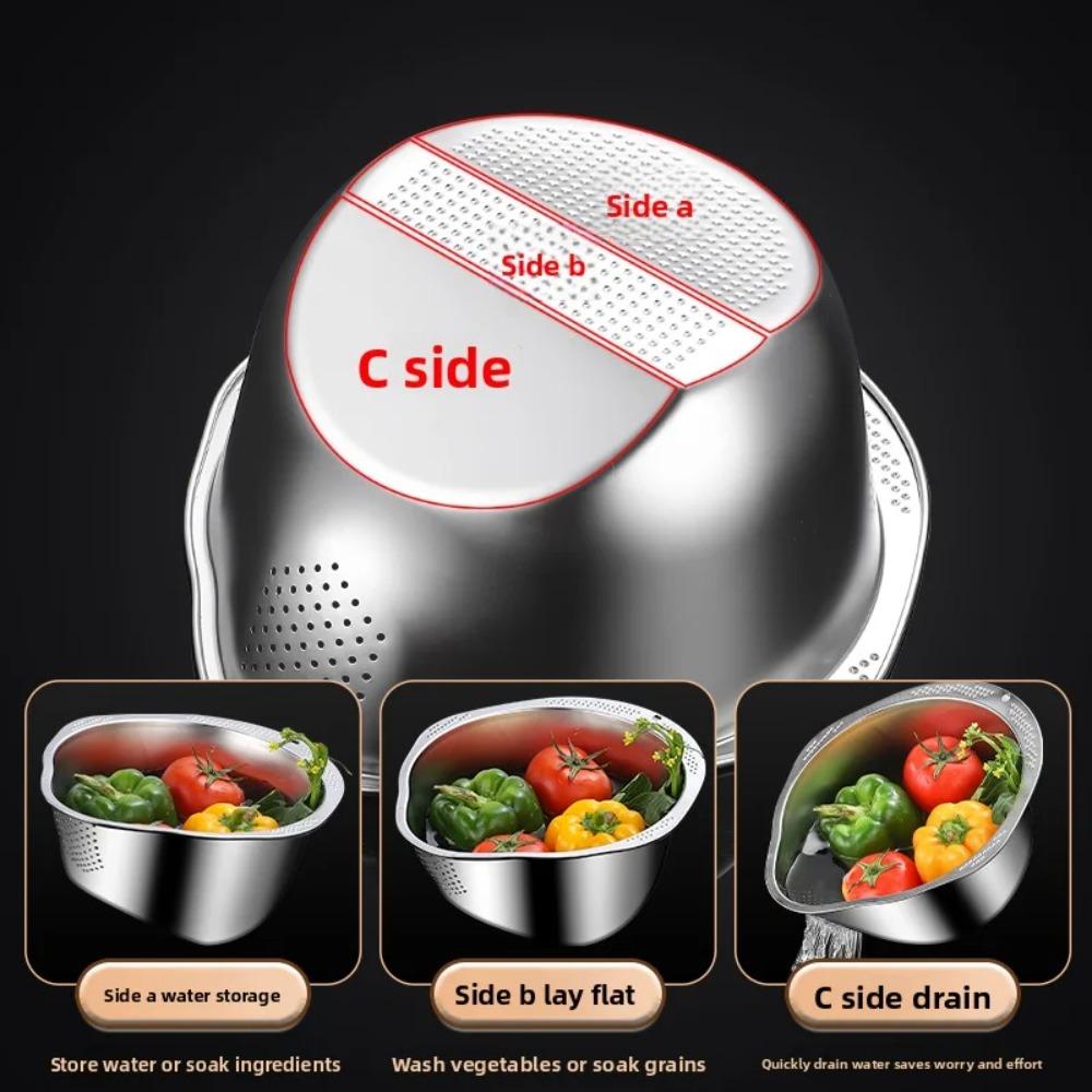 1PCS Rice Washer Strainer Bowl Stainless Steel Rinser With Side Drainers Multipurpose Strainer for Cleaning Fruits Vegetables