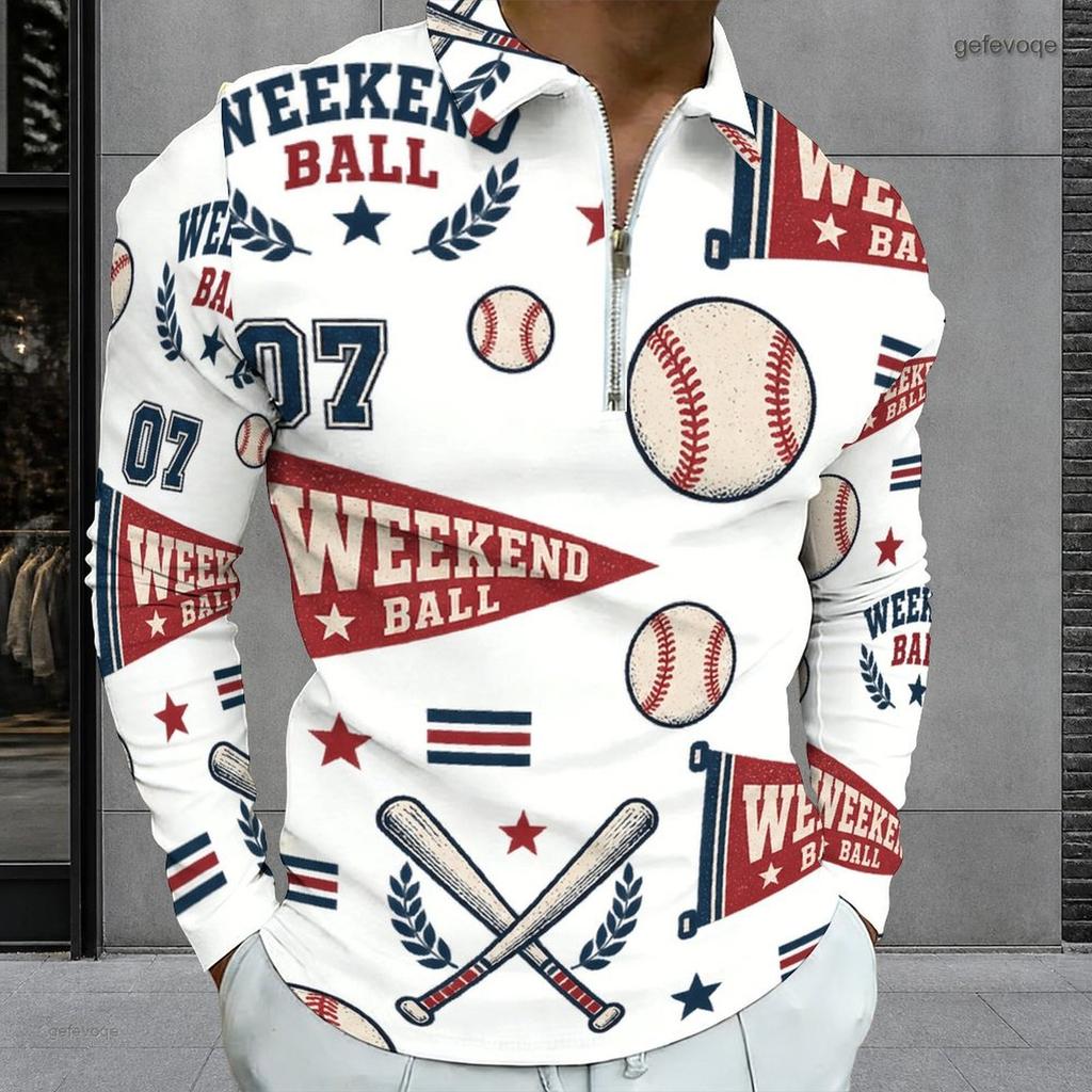 Men s Plus Size White Printed Long Sleeve Quarter Zip Collared Polo Shirt