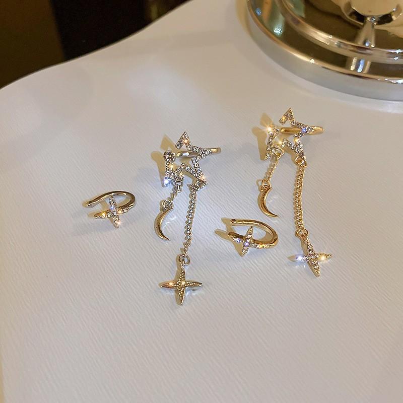 Sparkling Asymmetric Zircon Star Moon Ear Clip for Women Without Piercing Cross Tassel Ear Cuff Clip Earrings Wedding Jewelry