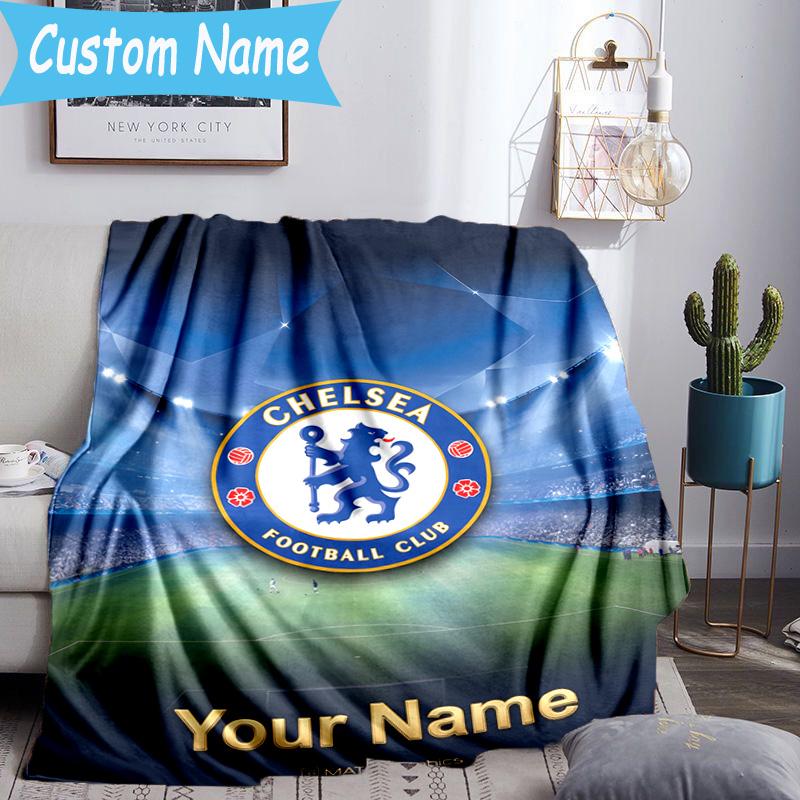 Custom Name Chelsea Football Club Crest Flannel Blanket, Use for Birthday/Holiday Gift, Soft Blanket for Sofa/Bed/Camping/Office, Home Decor