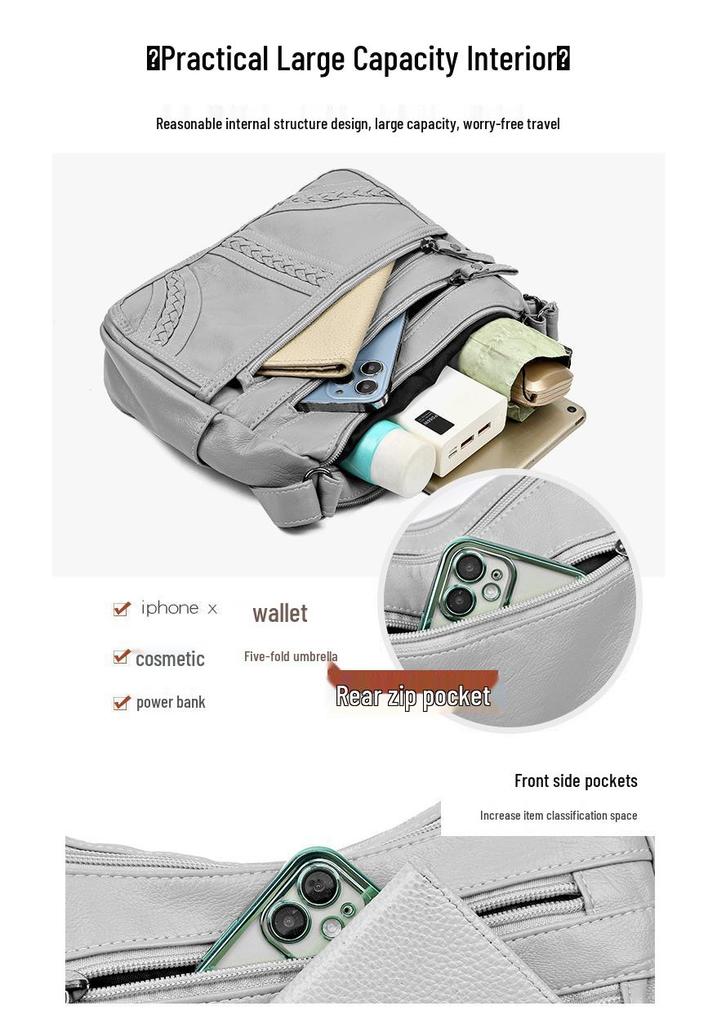 Korean Style Multi-Layer Soft Leather Crossbody Bag for Women - 2025 Large Capacity, Versatile Single Shoulder Bag for Moms