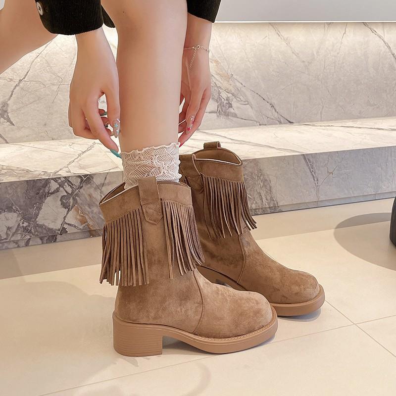 Martin boots women's new short boots thick heel fringed small western boots
