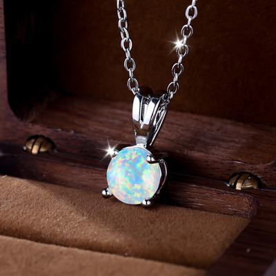 Collier pendentif vintage en opale de feu blanche imitation petit rond couleur argent pour femmes et filles, bijoux de mariage, cadeau