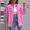 Damen Jeansjacke in Unifarbe, mittellang, mit langen Ärmeln und Rissen - Europäischer und Amerikanischer Stil