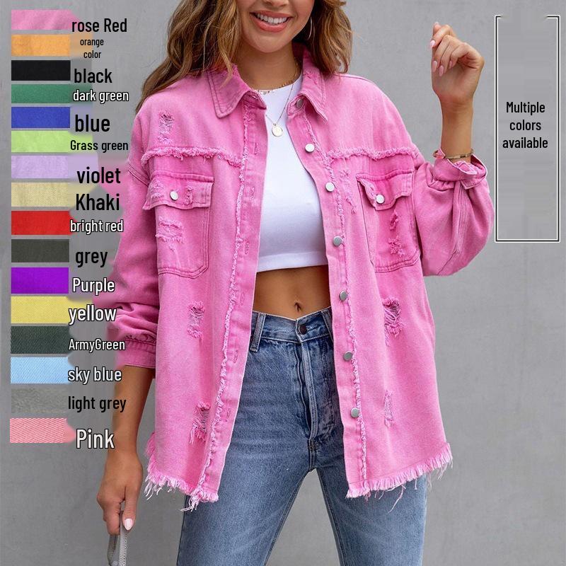 Damen Jeansjacke in Unifarbe, mittellang, mit langen Ärmeln und Rissen - Europäischer und Amerikanischer Stil