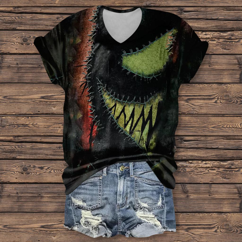 Women's Fashion Casual Three-quarter Sleeve Halloween Letters,  Face Print Top