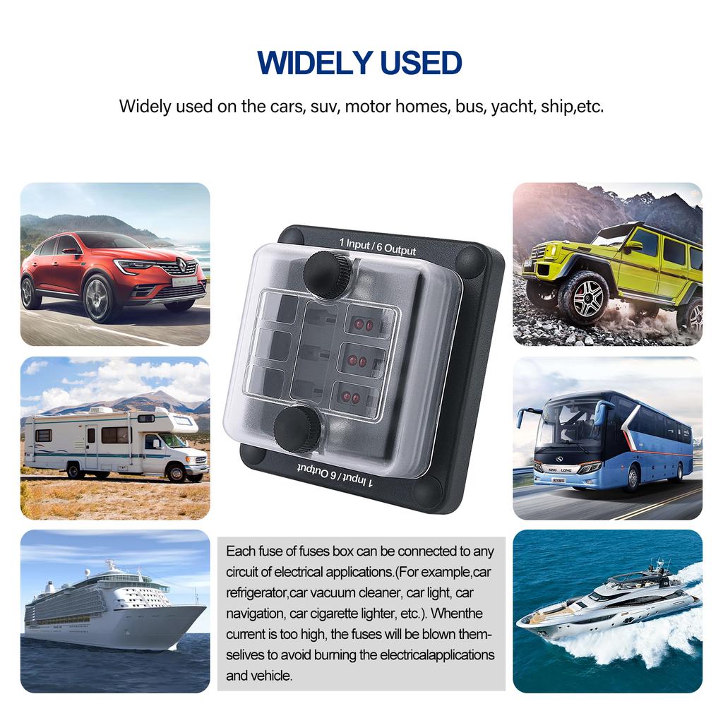 6-fach Block mit Erdung, Sicherungskastenhalter für Schutzabdeckung, LED-Lichtanzeige, Schraubklemmen für Auto, Marine, flaches Profil, negative Sammelschiene, wasserdicht