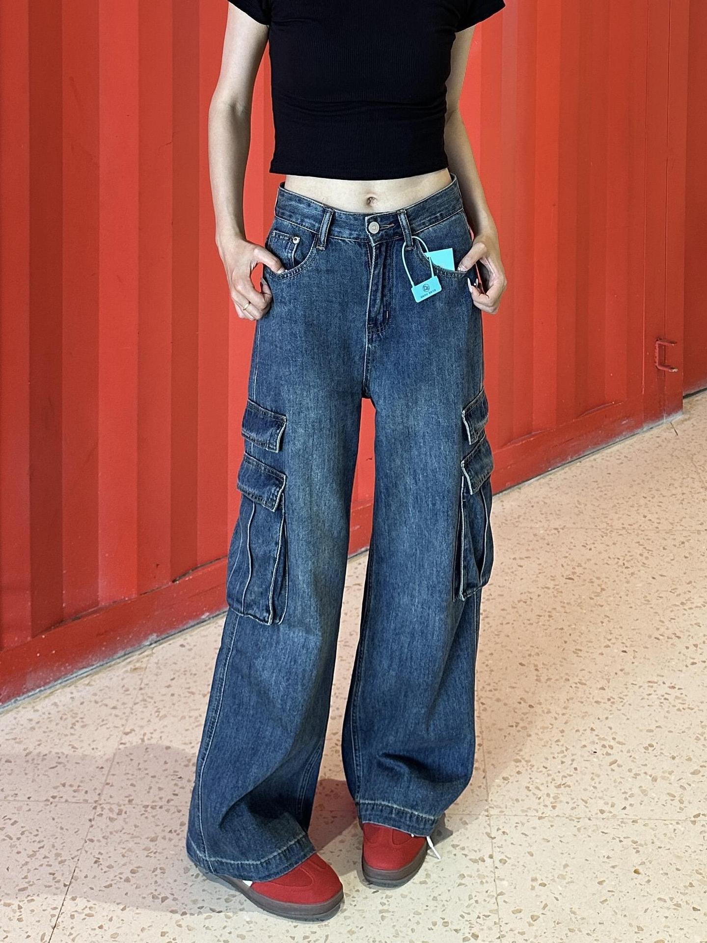 Washed Tooling Jeans Men s and Women s American Street Micro-pull Multi-pocket Straight Casual Wide-leg Pants Trendy Multi Pocket Cargo Wide Leg Pants S