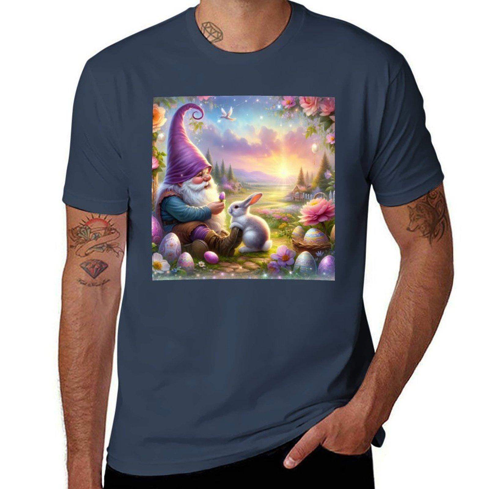 Easter Gnome With Purple Hat With Rabbit And Flowers Magical Landscape Tshirt Work Casual Loose Fit Tshirt S