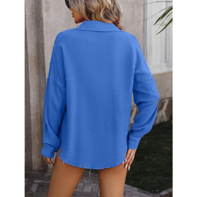 YYFS Women's Fashion Casual Spring Fall Solid Color Print Long Sleeve POLO Neck Blouses & Shirts