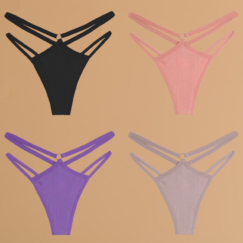 FINETOO 4-teilige Unterwäsche aus Baumwolle mit doppeltem, dünnem Gürtel für Frauen, sexy, niedrige Taille, gestreifte Tangas, einfarbige Damenhöschen, atmungsaktive Dessous