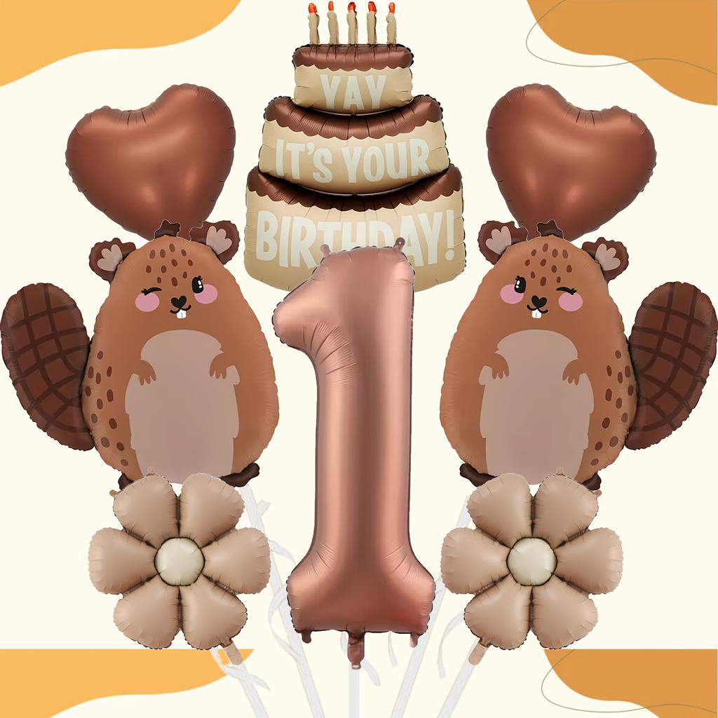 8pcs Cute Beaver Cake Daisy Love Chocolate Number 1-9 Balloon Set Birthday Party Animal Theme Set Baby Shower Globos