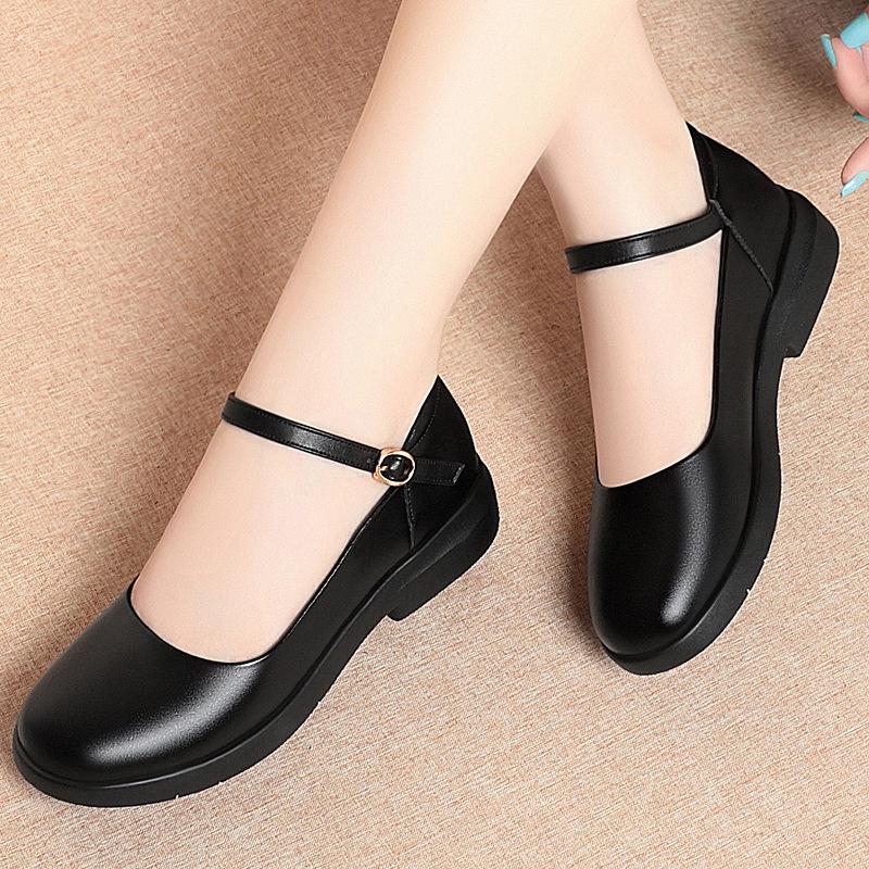 Soft Sole Work Shoes For Women Black Single Shoes One-Liner Flat Buckle Flat Round Toe Work Women's Leather Shoes Mother's Shoes