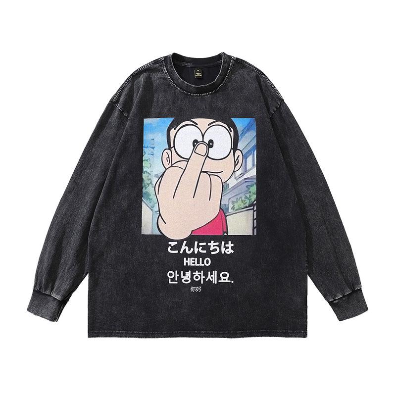Trendy Brand Harajuku Y2K Cartoon Print Washed Long-Sleeved T-Shirt Men'S Oversize Retro Couple Bottoming Top