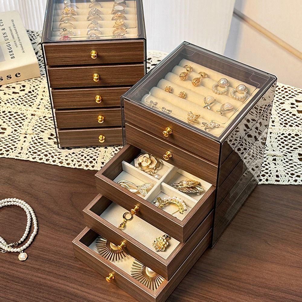 Large Capacity Wooden Walnut Grain Jewelry Box Necklace Display Storage Boxes Counter Show Case