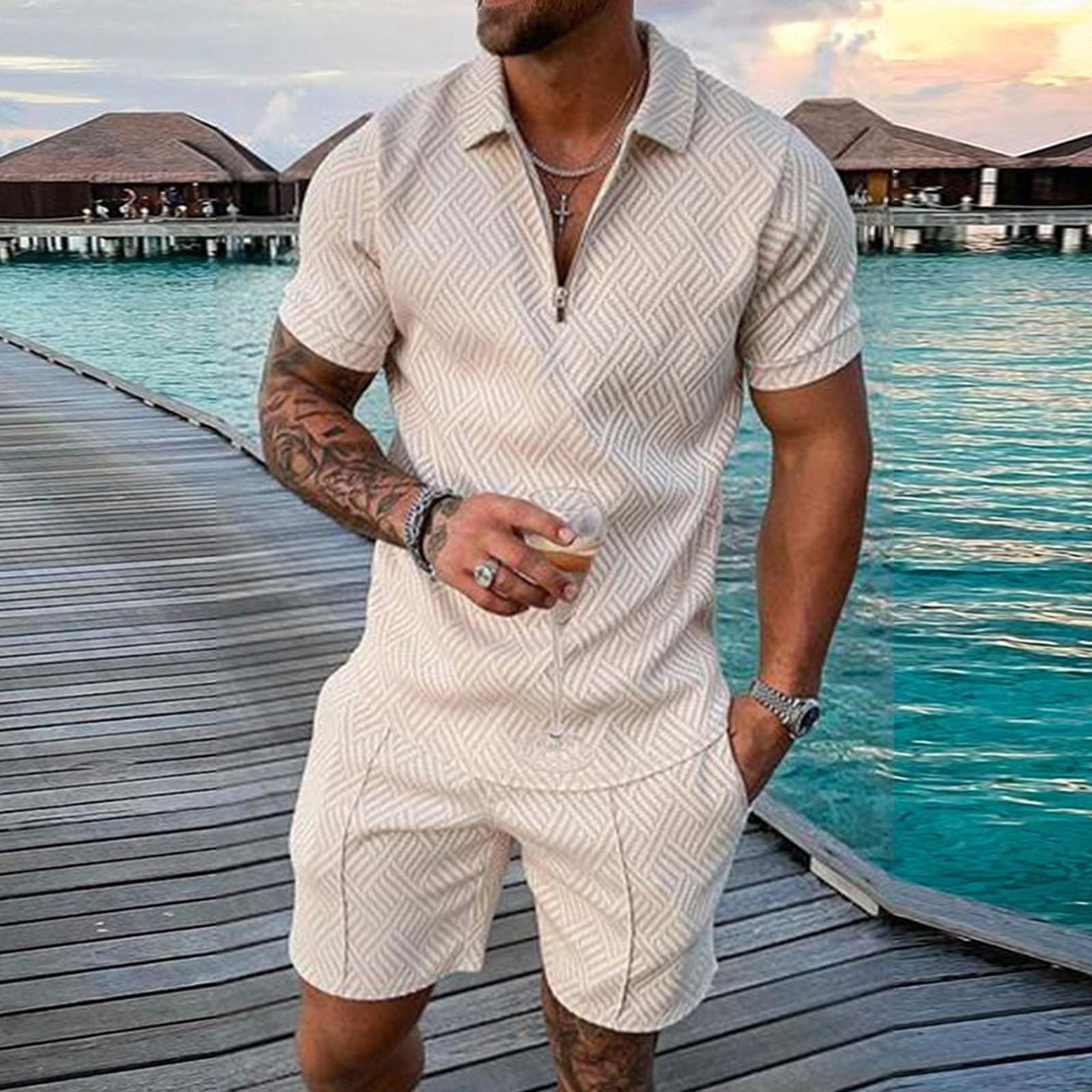 Herren Shorts Sets Outfits 2-teiliger Sommer Trainingsanzug Kurzarmhemd und Shorts Set Lässiger Sportanzug XXXL beige