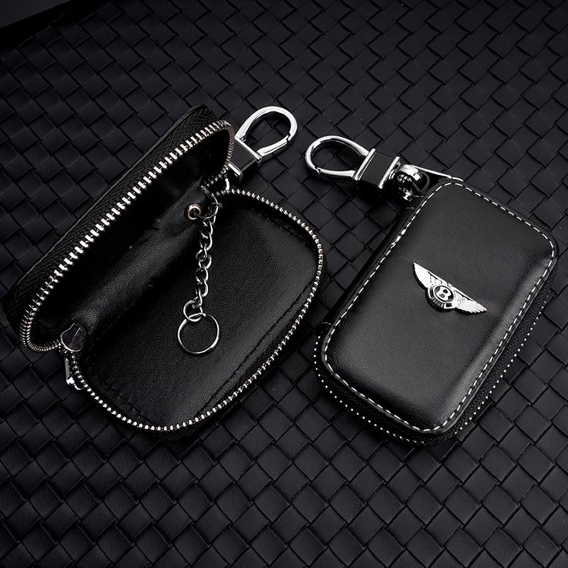 Husă din Piele pentru Chei Auto cu Logo Metalic 3D, Geantă Portofel cu Fermoar, Suport pentru Accesorii Bentley Flying Spur Continental GT Bentayga Mulsanne