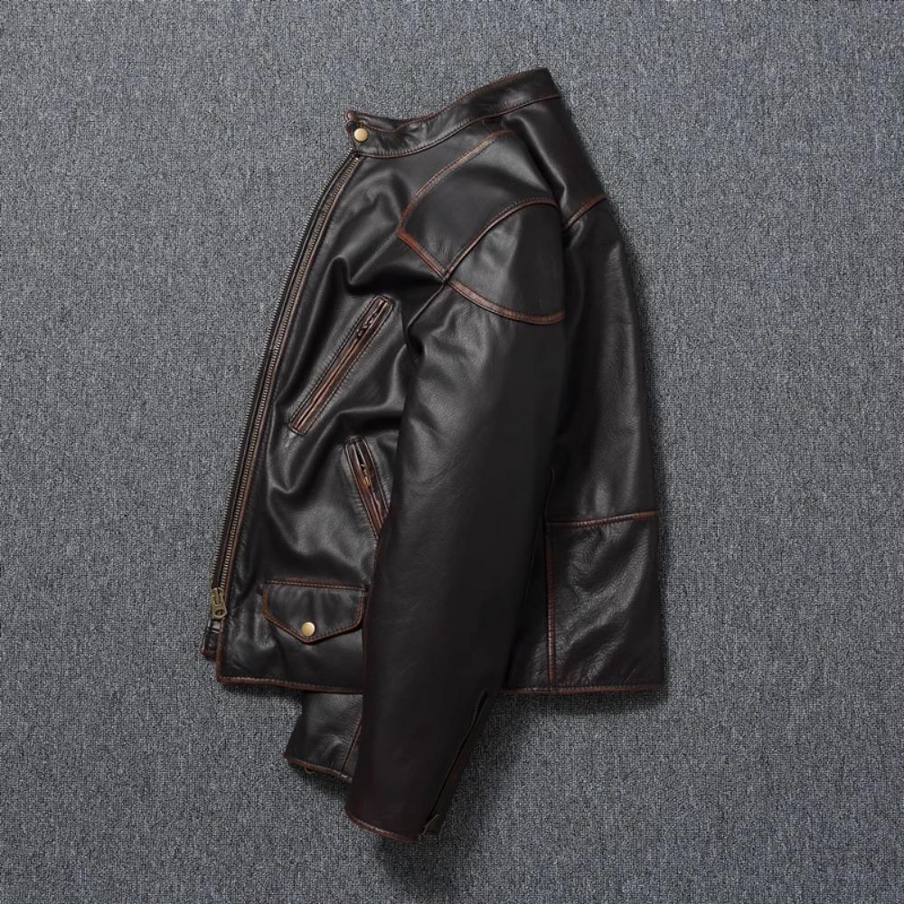 Style RL Top Layer Oil Waxed Cowhide Real Leather Jacket Men Stand Collar Brown Motorcycle Coat Men's Biker Jacket Spring Autumn