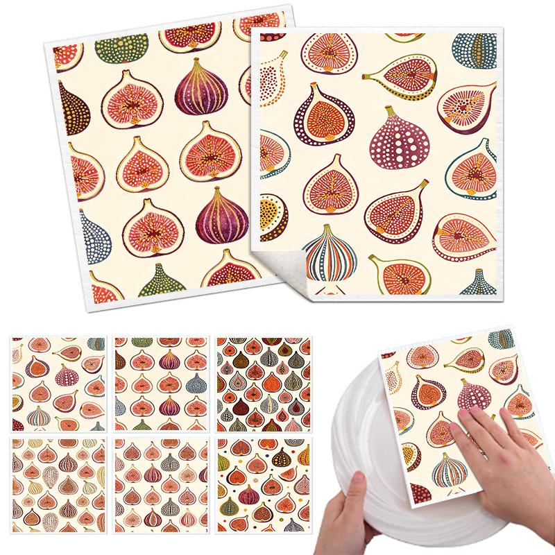 6PCS Cleaning Dishcloths Reusable Kitchen Dish Towels Vintage Fig Fruits Pattern Dishcloth Absorbent Lint Free Cloth Washable Duster Rags Tea Towels