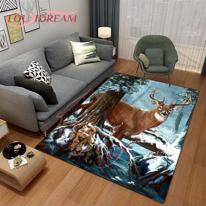 3D Cartoon Deer Rug Wildlife Mountain Landscape with Forest Carpet for Home Living Room Elk Carpet for Laundry Kids Play Carpets