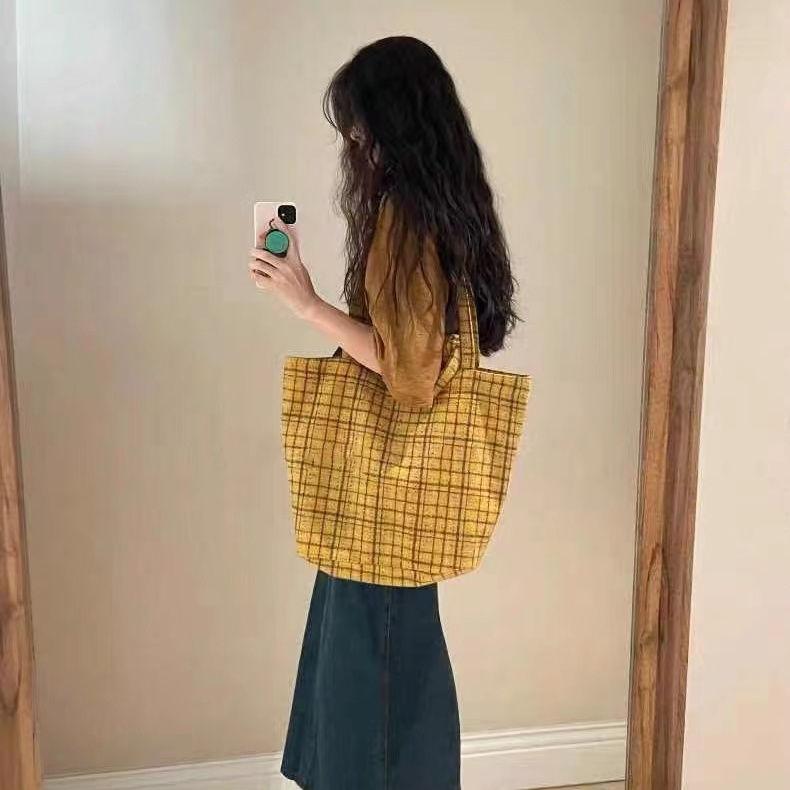 Autumn Winter Vintage Ginger Yellow Plaid Large Capacity Tote Bag Commuter Versatile Handheld Shoulder Underarm Bag