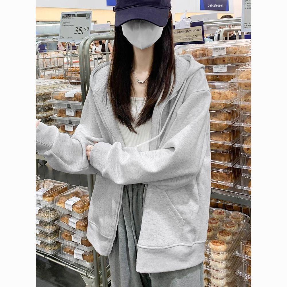 Women's American Style Fleece-Lined Hoodie - Silver Fox Zipper Jacket for Autumn/Winter