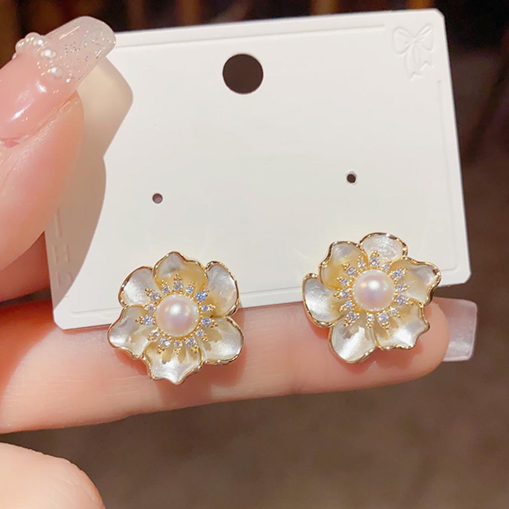 High-end Light Luxury Zircon Pearl Camellia Earrings 1011 New Trendy Internet Celebrity Temperament Pearl Stud Earrings Women
