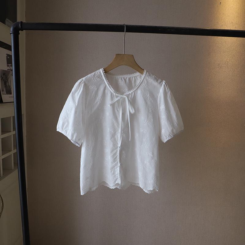 Korean Lace Jacquard Tie-Up Bubble Sleeve Women's Shirt - Summer 2025 Collection