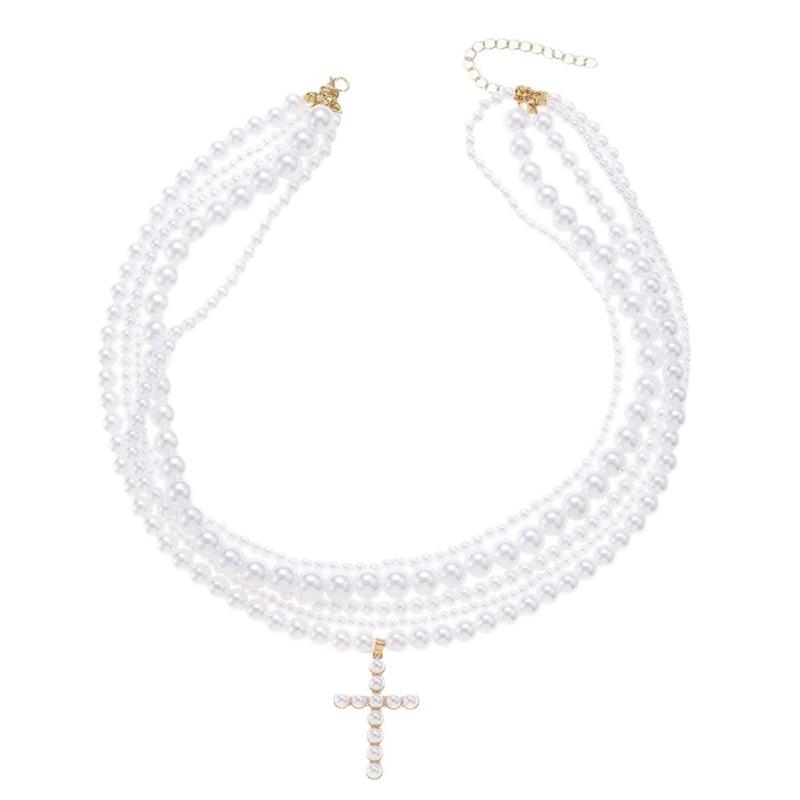 Stacked necklace retro imitation pearl light luxury sweet cool pendant women's pearl cross necklace