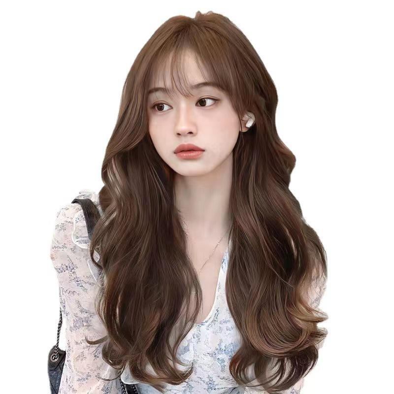 Trendy Long Curly Wig with Air Bangs - Realistic Fluffy Waves for a Fashionable Look