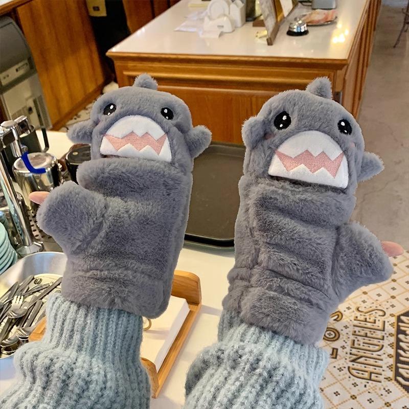 Gloves for Women In Winter Cute Shark Half Finger Plush Thickened Flip Student Fingers To Prevent Cold  Men Keep Warm and Velvet