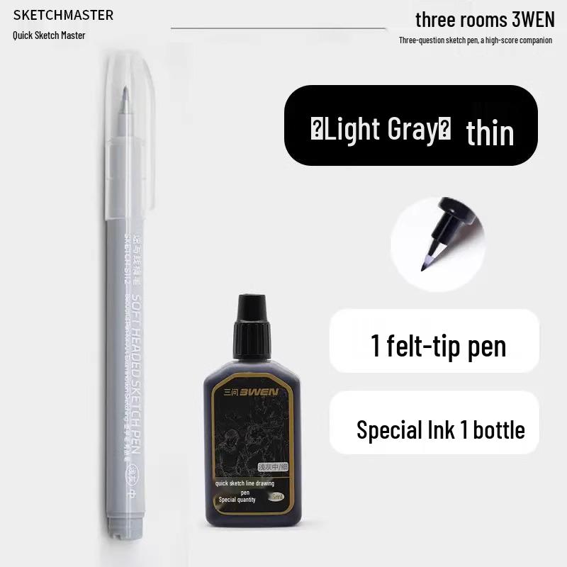 Refillable Quick Sketch Pen Set: Fine, Small, Regular, Large Gray Brush Pens for Art Line Drawing