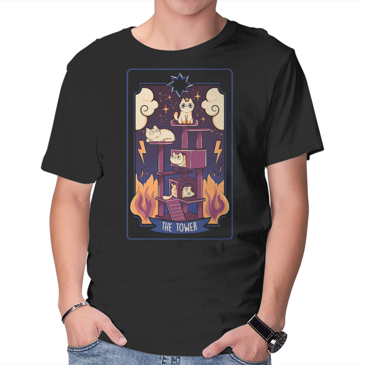 Unisex Crew Neck T-Shirt The Tower Cat Tarot Graphic Short Sleeve Casual Tee XXL
