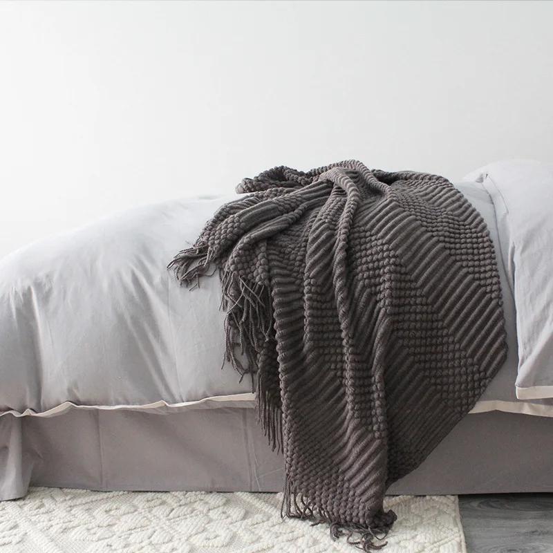 Nordic Knitted Throw Blanket - Grey & Khaki Sofa Blanket with Tassels, 110x160/200cm, Air Condition & Travel Blanket
