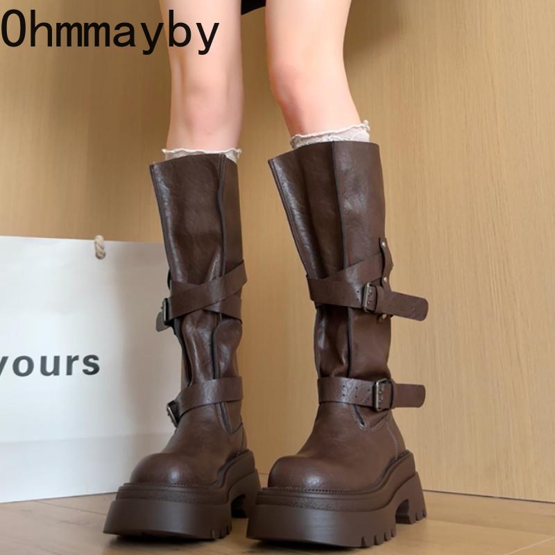 Winter Vintage Punk Style Woman Knee High Boots Fashion Belt Buckle Slip On Shoes Female Thick Bottom Knight Long Booties Shoes